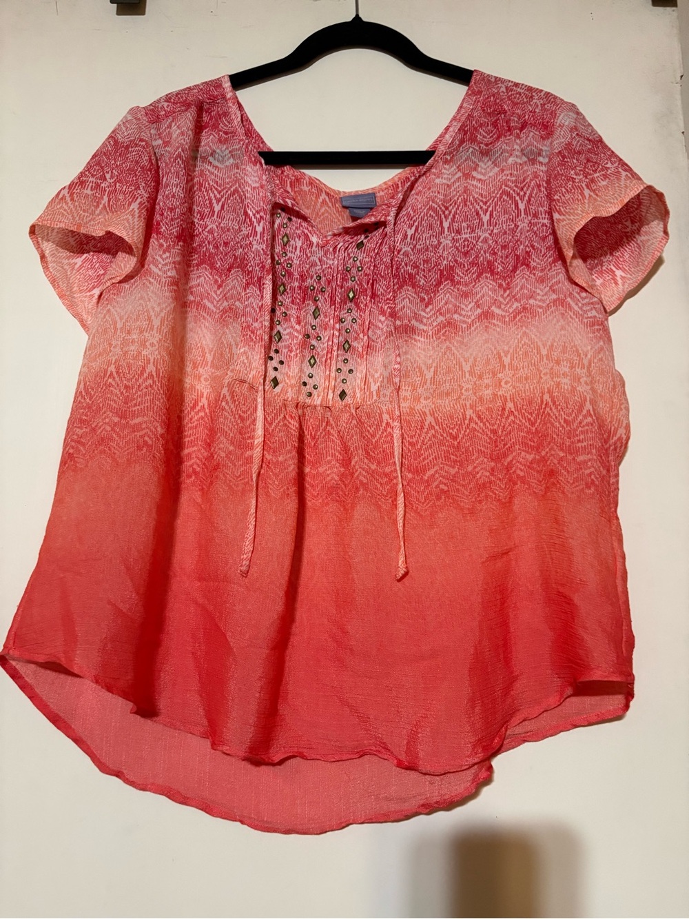 Laura Scott Coral Ombre Embellished Peasant Blouse